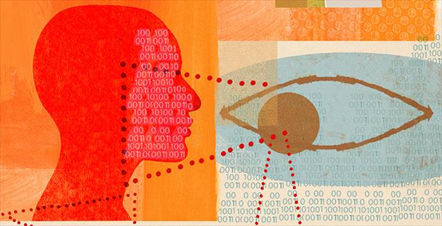 Graphic with a head and an eye to depict cover story on artificial intelligence