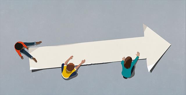 graphic of two people holding a giant arrow