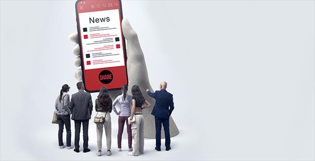 graphic of people reading news on a smartphone