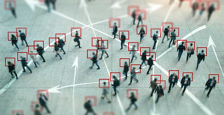 graphic of people walking with red squares over heads
