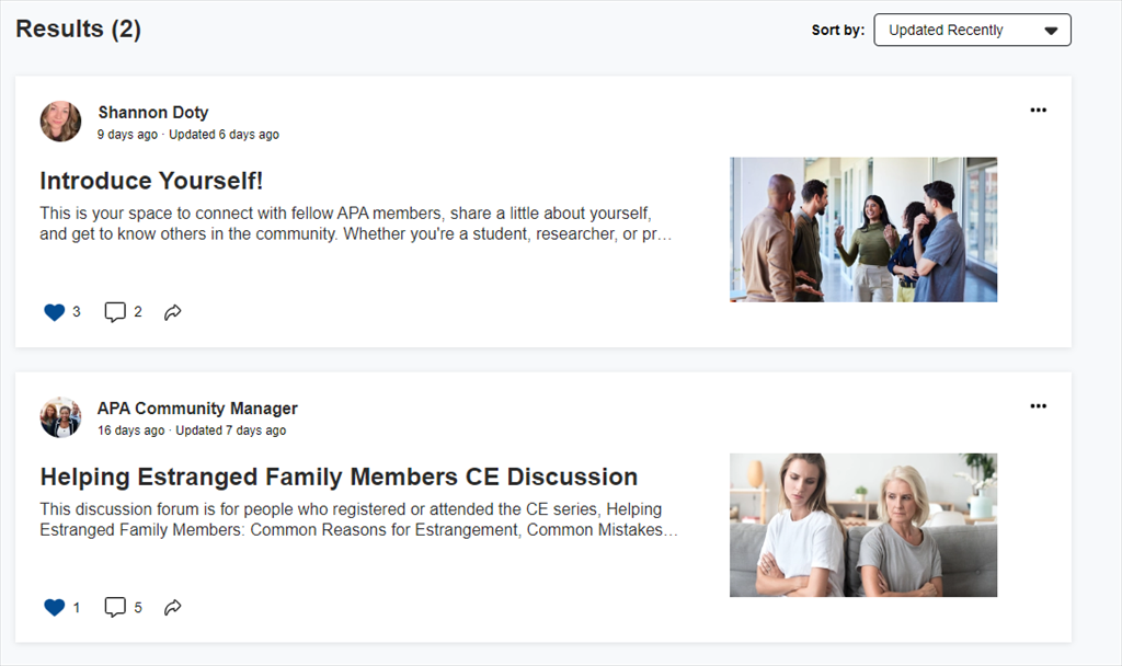 A screenshot from the Forums section of the APA Community website
