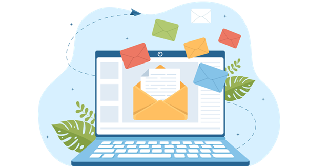 illustration of laptop with colorful envelopes around it
