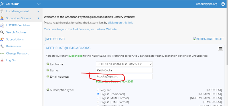 Listserv figure 4: Currently subscribed