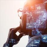 man looking pensive with graphics overlay of computer graphics