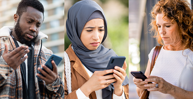 three individuals looking down at their phones