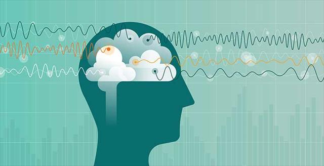 graphic of a brain with wavy lines and clouds