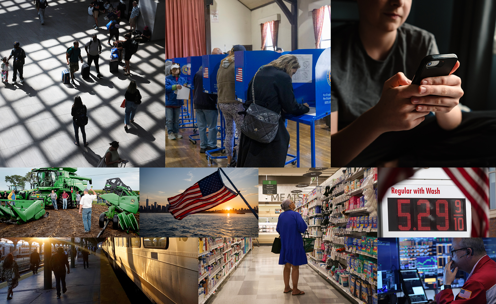 collage of images depicting people traveling, voting, using AI, shopping, and at gas pump
