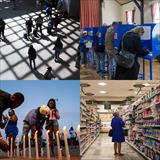 collage of images depicting people traveling, voting, shopping, and lighting candles