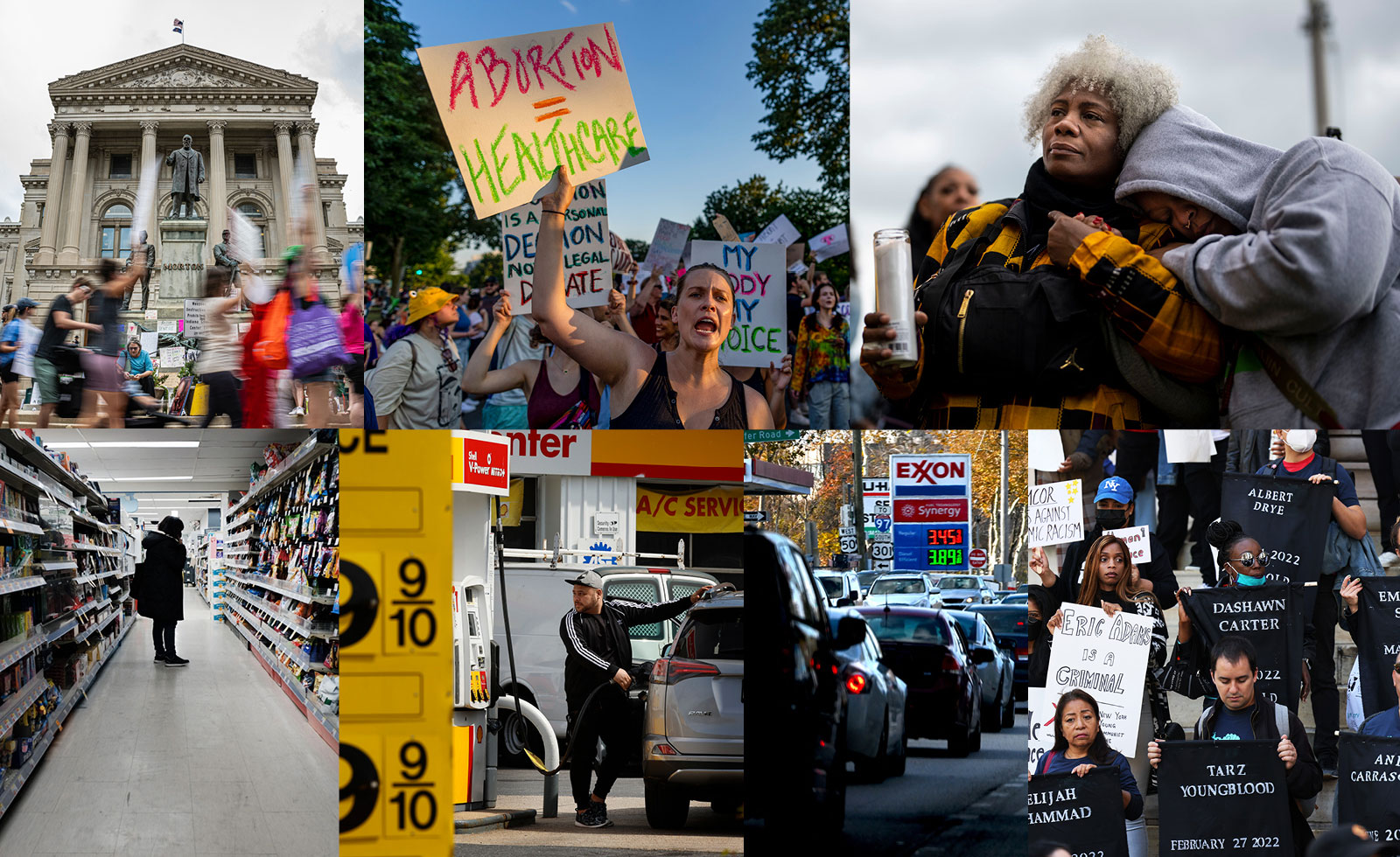 collage of images depicting protests, candlelight vigils, inflation, and economic hardship