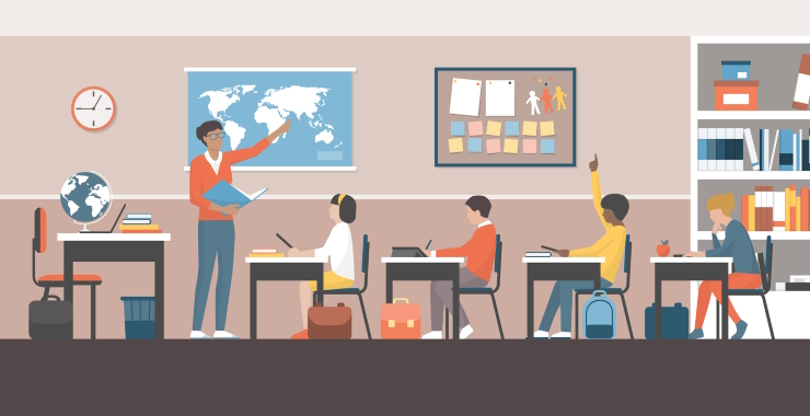 Illustration of teacher with students in classroom