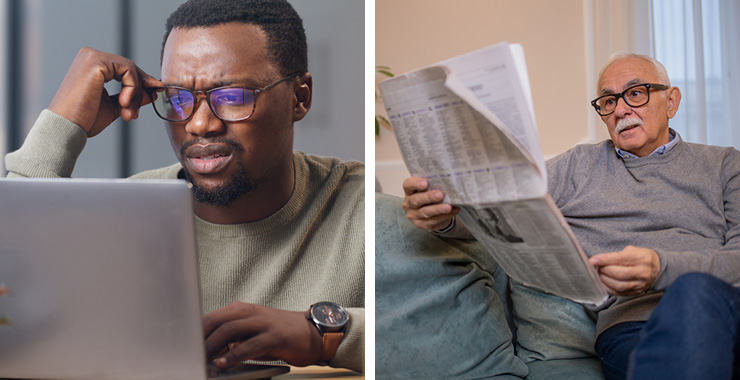 Man with glasses reading newspaper