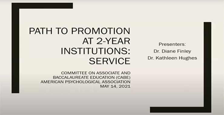 Tan background emblazoned with presentation title, “Path to Promotion at 2-year Institutions: Service.”