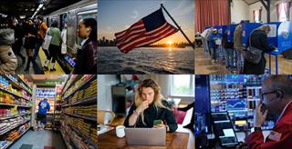Collage of everyday American life, including public transit, shopping, voting, work, and financial markets amid economic and societal concerns.
