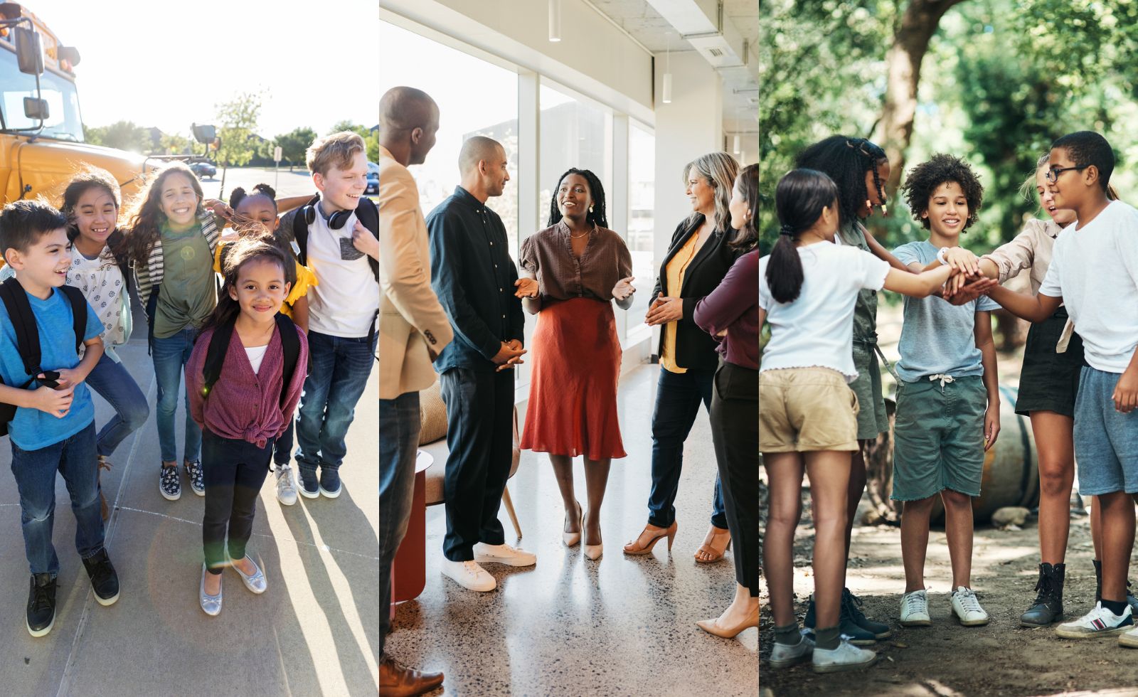 Collage of diverse groups, including college students, working professionals, and young children, engaged in civil discussions.