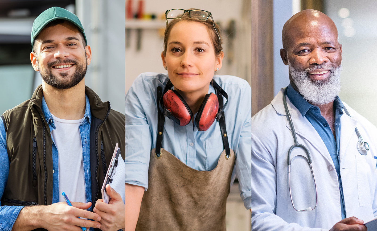collage of delivery, construction, and medical workers